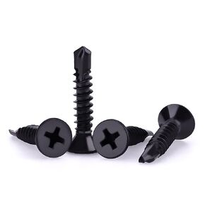 #6 x 1/2" Black Flat Head Self Drilling Screws, Phillip Drive, 410 Stainless Steel Sheet Metal Screws, Black Finish, Self Tapping Screws, Dovetail Screws, 100 PCS