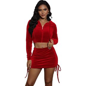Skirt Sets Women 2 Piece Outfits Velvet Cute Long Sleeve Fall Hoodie Top Mini Skirt Casual Set Velour Tracksuit