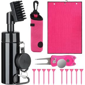 14PCS Golf Club Cleaning Kit, Include Golf Club Cleaner Brush with Water Microfiber Golf Towel Pink Golf Tees Golf Ball Bag Golf Divot Repair Tool Golf Accessories for Women, Pink
