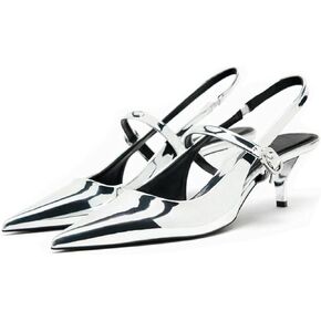Metallic Silver Slingback Heels for Women,Women's Slingback Kitten Heel with Pointed Toe Heels Buckle Strap Pumps