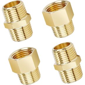 Brass Pipe Fitting, 2PCS 1/2" NPT Male x 1/2" NPT Female Adapter and 2PCS Hex Nipple 1/2" x 1/2" NPT Male Adapter, Pack of 4