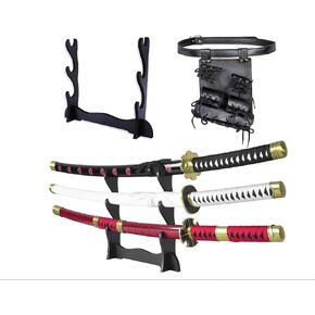 مجموعة من ثلاثة سيوف زورو على طراز الرسوم المتحركة مقاس 41 بوصة، ساموراي كاتانا، سيوف أنمي معدنية حقيقية. ث/حامل وحزام سيف خشبي مجاني in Kuwait