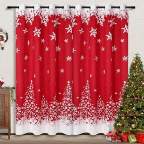 CAROMIO Merry Christmas Window Curtains 52Wx84L inch, White Snowflakes Christmas Red Velvet Curtains Set of 2 Panels for Bedroom Living Room Kitchen Decor