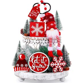 Soaoo 16 Pcs Christmas Tiered Tray Decor Winter Rustic Gnome Plush Tray Decor Christmas Wood Table Signs with String Lights for Xmas Winter Table Centerpieces Home Decorations (Red White)
