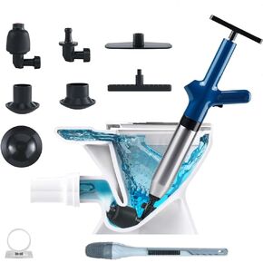 High Pressure Air Pump Plunger for Toilet,Air Drain Blaster,Toilet Plunger,Clog Remover,with Toilet Brush Set and Drain Snake (blue)