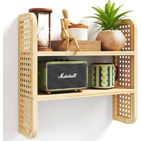 2-Tier Rattan Shelf, Natural Rattan Bookshelf Wall Mounted, Handmade Woven Rattan Display Shelf, Decorative Boho Shelves for Entryway, Nursery, Kitchen, Bathroom, Living Room