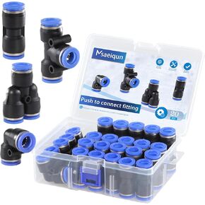 20 Pcs 12mm od Push to Connect Fittings Kit Air Line Fittings 5 Spliters+5 Elbows+5 tee+5 Straight Air Line Pneumatic Fittings Quick Release Pneumatic Connectors (12mm 20Pcs Blue)
