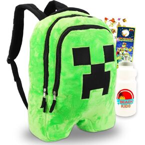 Minecraft Plush Backpack for Boys - Bundle with 18" Minecraft Creeper Backpack Plush Plus Stickers, Water Bottle, More | Minecraft School Bag for Boys 4-7