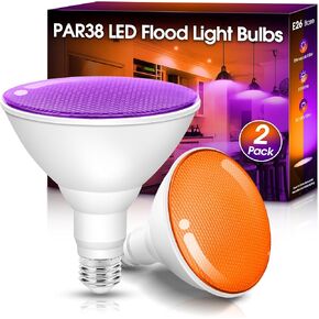 Orange and Purple Flood Light Bulbs Outdoor 2 Pack, PAR38 LED Purple Light Bulb 15W(100W Equivalent) E26 Not-dimmable, Orange Flood Lights for Halloween Decor Light Bulbs Outdoor Indoor for Porch Home