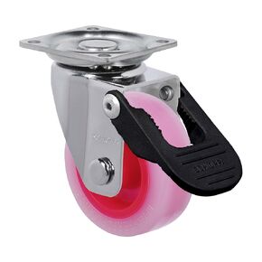 GLAP 210 Citrus Pink FPI, 2" (50 mm) Swivel, Brake, Non-Marking Polyethylene Wheel, 90 lbs, Plate: 1-21/32 x 1-21/32" (BH 1-1/4 x 1-1/4")