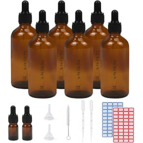 5Pcs Dropper Bottles,4oz(120ml) & 5ml Amber Glass Tincture Bottles with Dropper, Funnel, Pipette, Labels,Brush Droplette Bottle for Essential Oils Liquids(120ml, Brown)