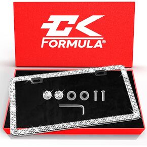 CK Formula White Bling License Plate Frames for Women, Diamond License Plate Frame, Rhinestone License Plate Frame, Stainless Steel with 2 Holes, Bling Car Accessories, Pack of 2