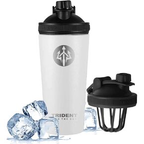 زجاجة شيكر معزولة سعة 26 أونصة من ترايدنت - زجاجة شيكر بروتين من الفولاذ المقاوم للصدأ بجدار مزدوج مع غطاء مانع للتسرب - مصممة للاهتزاز بدون ضوضاء، تناسب حاملات الأكواب القياسية (أبيض) in Kuwait