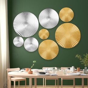 8 Pcs Silver and Gold Metal Wall Decor Set Metal Wall Art Wall Mount Modern Art Decor Large Sunburst Hanging Sculpture Circular Decorative for Home Office Bedroom Living Room(Silver)