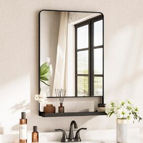 TETOTE Black Metal Framed Vanity Mirror with Shelf for Wall, 24x32 Inch Rounded Rectangle Mirror for Wall, Matte Black Bathroom Vanity Mirror, Bathroom Decor for Farmhouse, Living Room, Bedroom