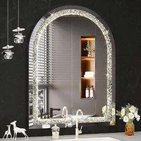 Hasipu 40" x 30" LED Diamond Wall Mirror, Arched Crystal Diamond Mirror for Home Décor, Led Mirror for Bathroom Entryway and Bedroom,Dimming & 3 Color Modes