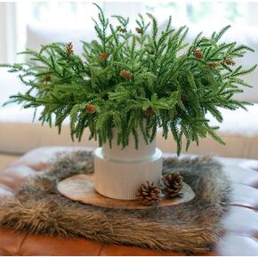 12PCS Christmas Norfolk Pine Stems, Real Touch 17 Inches Artificial Norfolk Pine Branches with 5 Big Pinecone Stems Faux DIY Greenery Pine Picks Plastic for Indoor Outdoor Home Décor
