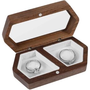 Wood Ring Box for Wedding Ceremony with Clear Top Engagement Ring Boxes for Two Rings Case Ring Bearer Case Pocket Size Proposal Ring Holder (4x2 Coffee)