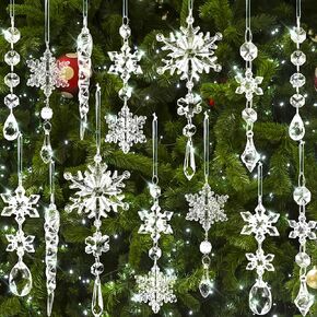 Christmas Tree Decorations Crystal Christmas Ornaments 20 PCS, Acrylic Icicle Ornaments Snowflake Decorations Christmas Tree Ornaments with Silk Ribbon for Christmas Party Decorations Supplies