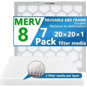 20x20x1 MERV 8 Air Filter,AC Furnace Air Filter,Reusable ABS Plastic Frame, 7 Pack Replaceable Filter Media (Actual Size: 19 3/4" x 19 3/4" x 3/4")