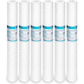 Membrane Solutions 5 Micron 2.5" OD x 20" Length Sediment Water Filter String Wound Polypropylene Cartridge for Whole House Filter Systems - 6 Pack