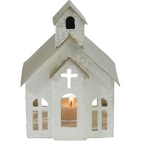 Orchid & Ivy Rustic Textured White Metal Church Tea Light Candle Holder with Cross Cut Out - Decorative House Shaped Tabletop Lantern - Country Farmhouse Religious Christmas Holiday Home Decor