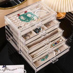 Necklace Organizer Box, Tray with 5 Drawers, Dustproof Velvet Necklaces Storage Holder Display Case, jewelry box for necklaces for Pendant Suitable for Women and Girls (Beige)