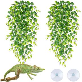 2 Pack Reptile Plants Terrarium Hanging Plants Artificial Leaves Reptile Hide with Suction Cups, Bearded DragonTank Accessories for Leopard Lizard Snake Geckos Chameleon ﻿