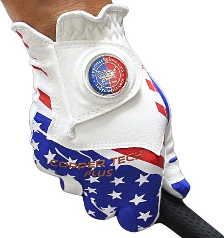 Copper Tech Men's Golf Gloves Right Hand - USA Flag Golf Glove with Ball Marker - Perfect for Summer Golfing - 100% AAA Tacky Synthetic Leather Only (Hand Orientation: Right, Medium-Large) in Saudi Arabia