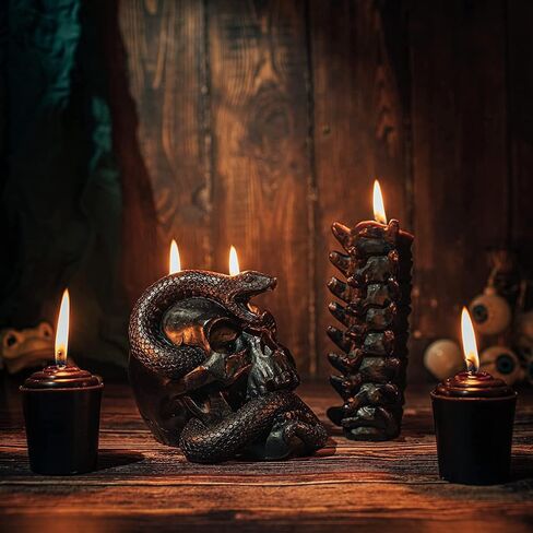 مجموعة من 4 شموع على شكل جمجمة وعمود الفقري للهالوين - شمعة هيكل عظمي على شكل ثعبان وعمود فقري وعظام سوداء، جماجم، شمعدان جماجم سحرية ديكور إيمو قوطي مخيف، ديكور المنزل والبار، ديكورات هيكلية كبيرة مخيفة in Kuwait