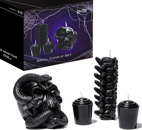 مجموعة من 4 شموع على شكل جمجمة وعمود الفقري للهالوين - شمعة هيكل عظمي على شكل ثعبان وعمود فقري وعظام سوداء، جماجم، شمعدان جماجم سحرية ديكور إيمو قوطي مخيف، ديكور المنزل والبار، ديكورات هيكلية كبيرة مخيفة in Kuwait