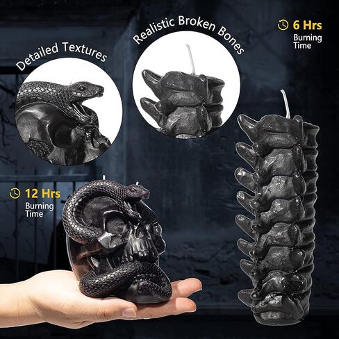 مجموعة من 4 شموع على شكل جمجمة وعمود الفقري للهالوين - شمعة هيكل عظمي على شكل ثعبان وعمود فقري وعظام سوداء، جماجم، شمعدان جماجم سحرية ديكور إيمو قوطي مخيف، ديكور المنزل والبار، ديكورات هيكلية كبيرة مخيفة in Kuwait