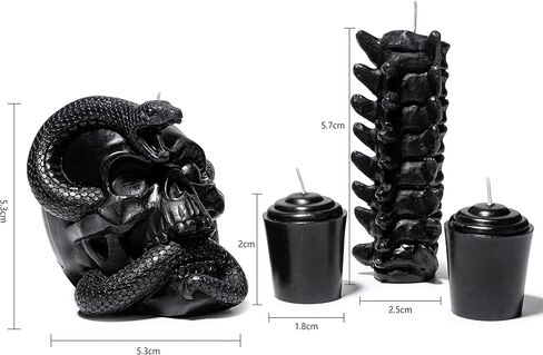 مجموعة من 4 شموع على شكل جمجمة وعمود الفقري للهالوين - شمعة هيكل عظمي على شكل ثعبان وعمود فقري وعظام سوداء، جماجم، شمعدان جماجم سحرية ديكور إيمو قوطي مخيف، ديكور المنزل والبار، ديكورات هيكلية كبيرة مخيفة in Kuwait