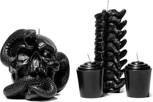 مجموعة من 4 شموع على شكل جمجمة وعمود الفقري للهالوين - شمعة هيكل عظمي على شكل ثعبان وعمود فقري وعظام سوداء، جماجم، شمعدان جماجم سحرية ديكور إيمو قوطي مخيف، ديكور المنزل والبار، ديكورات هيكلية كبيرة مخيفة in Kuwait