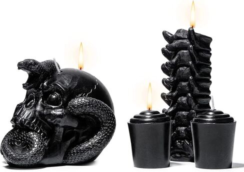 مجموعة من 4 شموع على شكل جمجمة وعمود الفقري للهالوين - شمعة هيكل عظمي على شكل ثعبان وعمود فقري وعظام سوداء، جماجم، شمعدان جماجم سحرية ديكور إيمو قوطي مخيف، ديكور المنزل والبار، ديكورات هيكلية كبيرة مخيفة in Kuwait