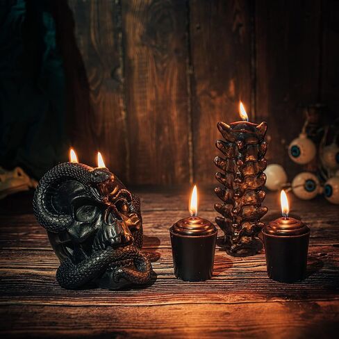 مجموعة من 4 شموع على شكل جمجمة وعمود الفقري للهالوين - شمعة هيكل عظمي على شكل ثعبان وعمود فقري وعظام سوداء، جماجم، شمعدان جماجم سحرية ديكور إيمو قوطي مخيف، ديكور المنزل والبار، ديكورات هيكلية كبيرة مخيفة in Kuwait