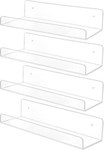 15" Invisible Acrylic Shelves Floating Wall Ledge Bookshelf,Clear Bathroom Storage Shelves Display Organizer Perfect for Home Decoration & Storage,Set of 4 in Saudi Arabia