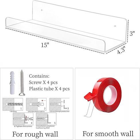 15" Invisible Acrylic Shelves Floating Wall Ledge Bookshelf,Clear Bathroom Storage Shelves Display Organizer Perfect for Home Decoration & Storage,Set of 4 in Saudi Arabia