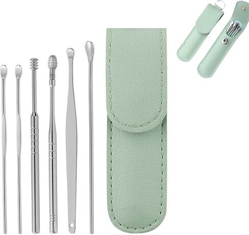 Pleteffect Ear Cleaner, Ear Cleaning Master—Earwax Cleaner Tool Set, Ear Cleaner Earwax Removal Tool, Household Stainless Steel Ear Pick 6-Piece Set with Portable Keychain PU Leather Case (Green) in Saudi Arabia