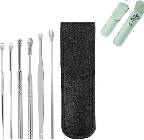Pleteffect Ear Cleaner, Ear Cleaning Master—Earwax Cleaner Tool Set, Ear Cleaner Earwax Removal Tool, Household Stainless Steel Ear Pick 6-Piece Set with Portable Keychain PU Leather Case (Green) in Saudi Arabia