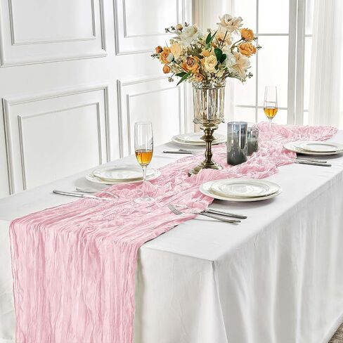 مفرش طاولة من القماش القطني الوردي الفاتح بطول 10 أقدام من الشاش الريفي بوهو مفرش طاولة شفاف لحفلات الزفاف وحفلات الزفاف وعيد الشكر وديكور حفلات عيد الميلاد in Saudi Arabia