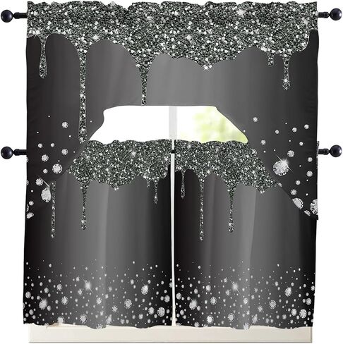 Luxurious Diamond Crystal Kitchen Curtains Swag Valance and Tier Curtains Set 36 Inch Length, Rod Pocket Drape Panels Pair Swag Curtains for Bathroom/Cafe/Window Starry Abstract Geometric Grey in Saudi Arabia
