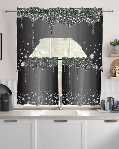 Luxurious Diamond Crystal Kitchen Curtains Swag Valance and Tier Curtains Set 36 Inch Length, Rod Pocket Drape Panels Pair Swag Curtains for Bathroom/Cafe/Window Starry Abstract Geometric Grey in Saudi Arabia