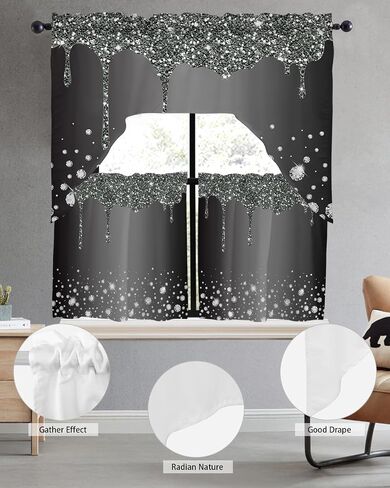 Luxurious Diamond Crystal Kitchen Curtains Swag Valance and Tier Curtains Set 36 Inch Length, Rod Pocket Drape Panels Pair Swag Curtains for Bathroom/Cafe/Window Starry Abstract Geometric Grey in Saudi Arabia