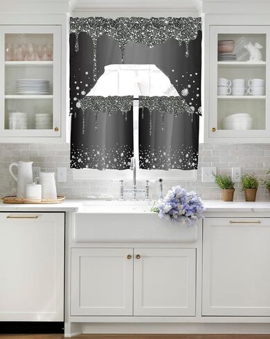 Luxurious Diamond Crystal Kitchen Curtains Swag Valance and Tier Curtains Set 36 Inch Length, Rod Pocket Drape Panels Pair Swag Curtains for Bathroom/Cafe/Window Starry Abstract Geometric Grey in Saudi Arabia
