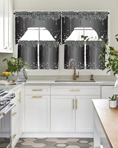 Luxurious Diamond Crystal Kitchen Curtains Swag Valance and Tier Curtains Set 36 Inch Length, Rod Pocket Drape Panels Pair Swag Curtains for Bathroom/Cafe/Window Starry Abstract Geometric Grey in Saudi Arabia