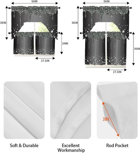 Luxurious Diamond Crystal Kitchen Curtains Swag Valance and Tier Curtains Set 36 Inch Length, Rod Pocket Drape Panels Pair Swag Curtains for Bathroom/Cafe/Window Starry Abstract Geometric Grey in Saudi Arabia