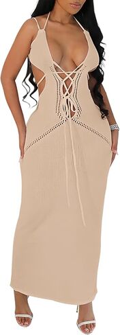 Women's Halter Bodycon Maxi Dress V Neck Sleeveless Tie Backless Hollow Out Knit Long Dress Party Club Night Out Dress in Saudi Arabia