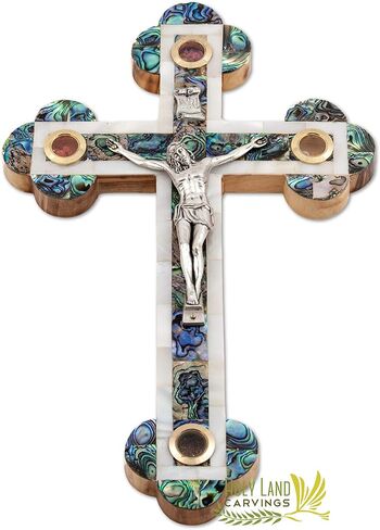 11 Inch Wooden Wall Hanging Catholic Crucifix Covered with Mother of Pearl - 4 Glasses Filled with Holy Relics from the Holy Land - Olive Wood Wall Cross for Home Décor in Saudi Arabia