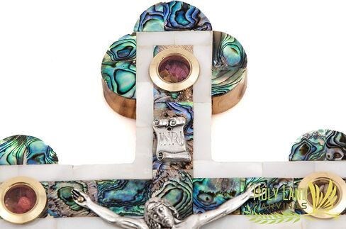 11 Inch Wooden Wall Hanging Catholic Crucifix Covered with Mother of Pearl - 4 Glasses Filled with Holy Relics from the Holy Land - Olive Wood Wall Cross for Home Décor in Saudi Arabia